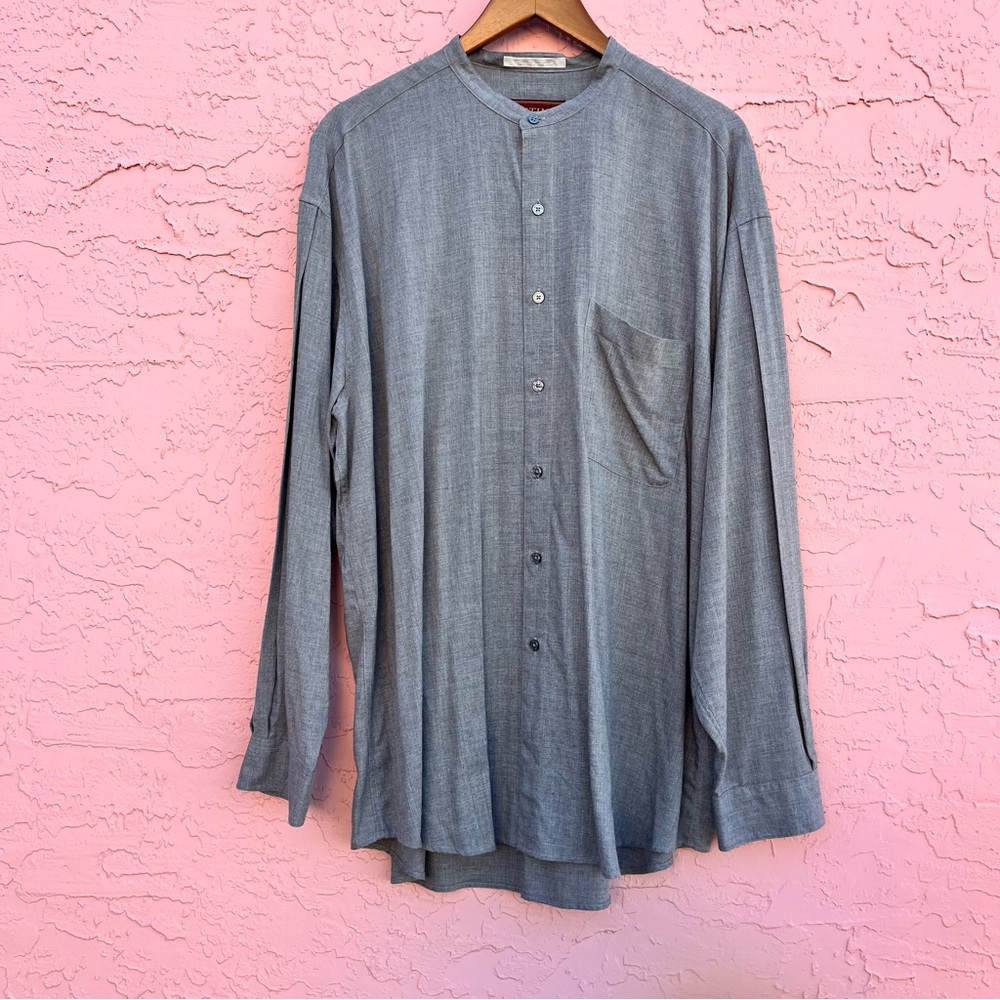 Vintage Hastings Band Collar Button Up Shirt Gray Rayon Korea Size XL